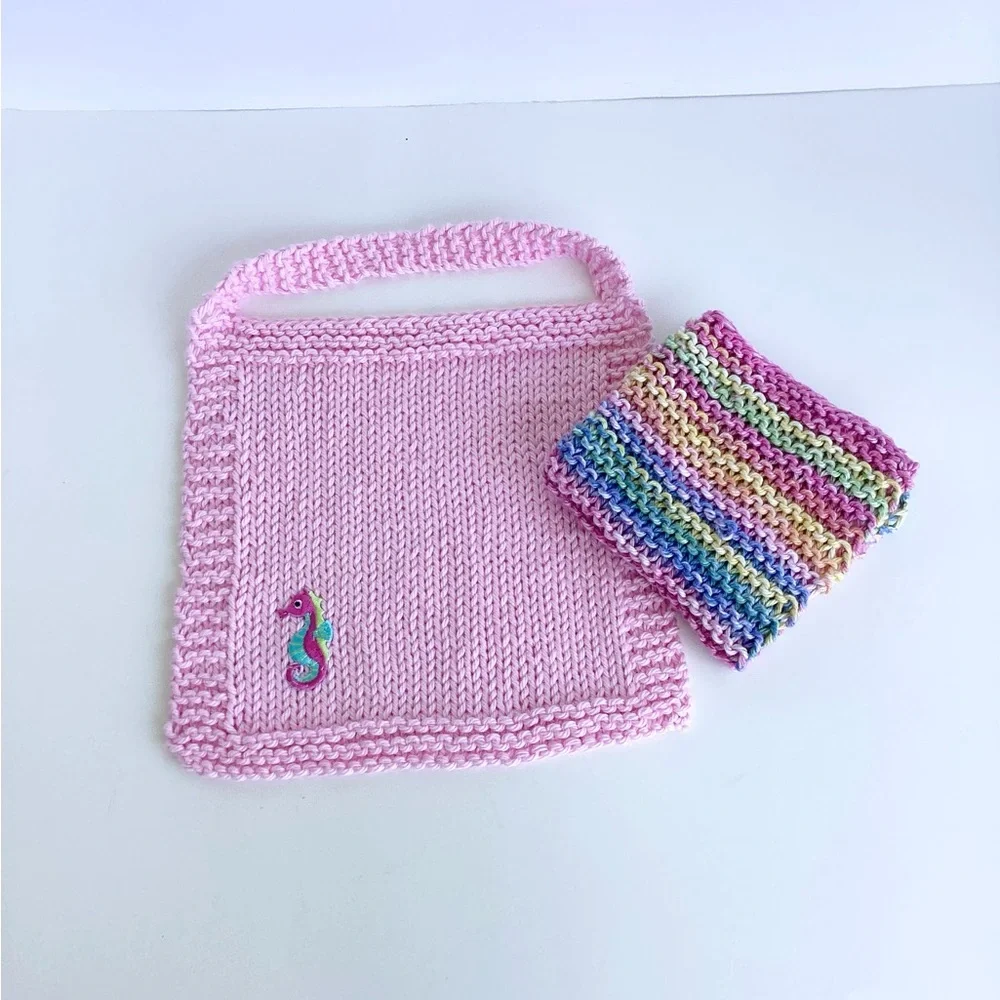 Baby Bib Set Hand Crafted Pink Knit Cotton Seahorse Colorful